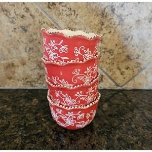 Temptations Red Floral Lace 8oz Set Of 4 Round Ramekins Baking Dishes